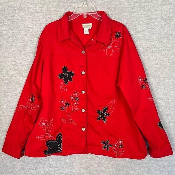 Coldwater Creek Floral Embroidered Beaded Jacket Womens 2X Red Black Fun Whimsy - Picture 1 of 16